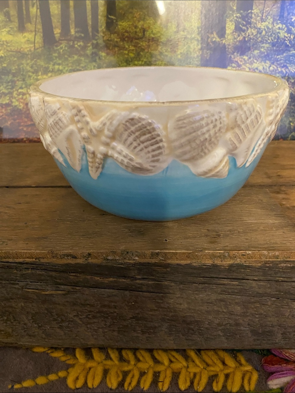 Pier 1 Turquoise and Cream Seashell Ceramic Bowl